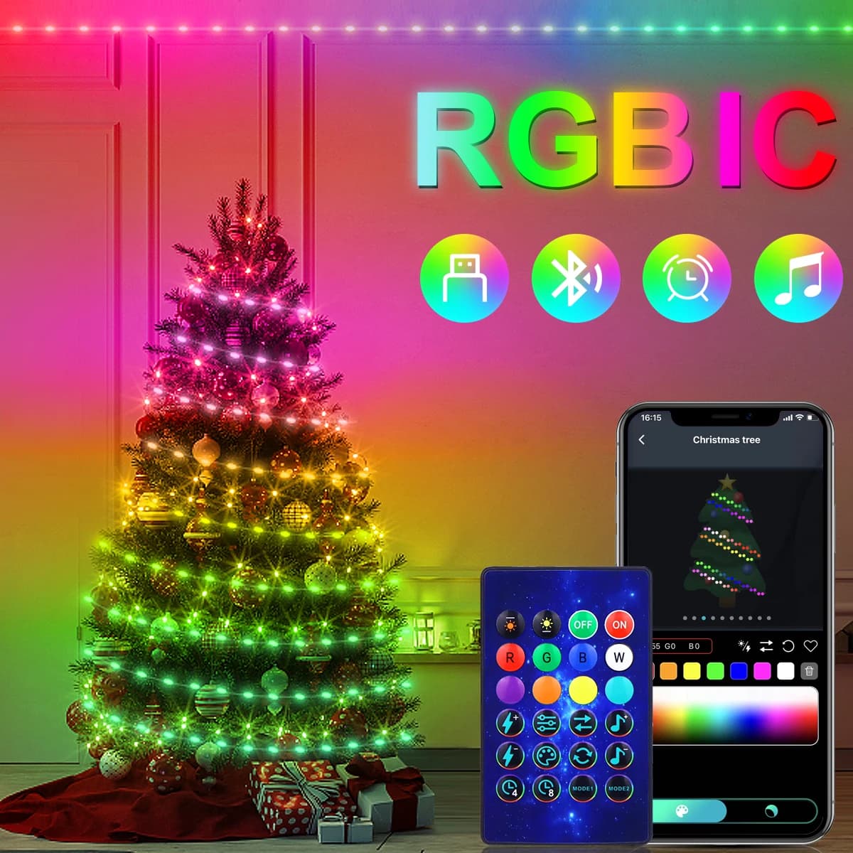Lampki LED RGBIC Bluetooth USB, sterowane aplikacją ✨